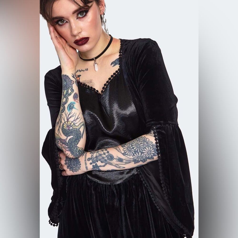 Jawbreaker Where Are My Runes Velvet Bell Sleeve Corset Back Dress Black Size L - Picture 3 of 16